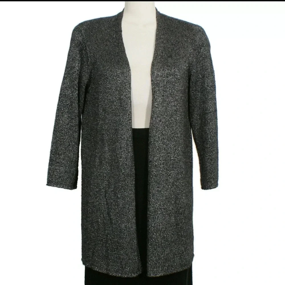 EILEEN FISHER Platinum Gray Linen Blend Shimmer Long Cardigan